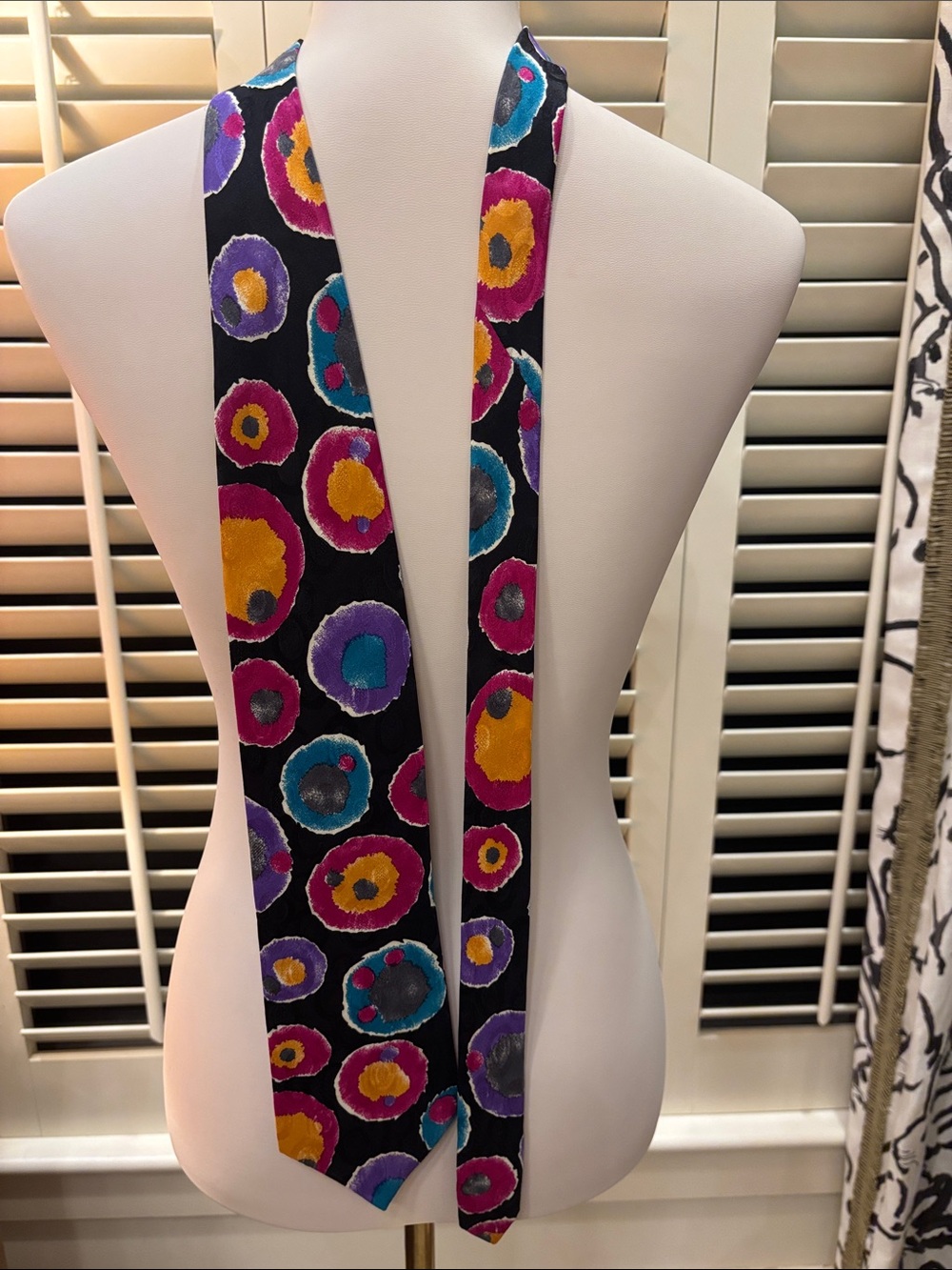 Silk Circle-Print Skinny Scarf in Black with Multicolor Dots